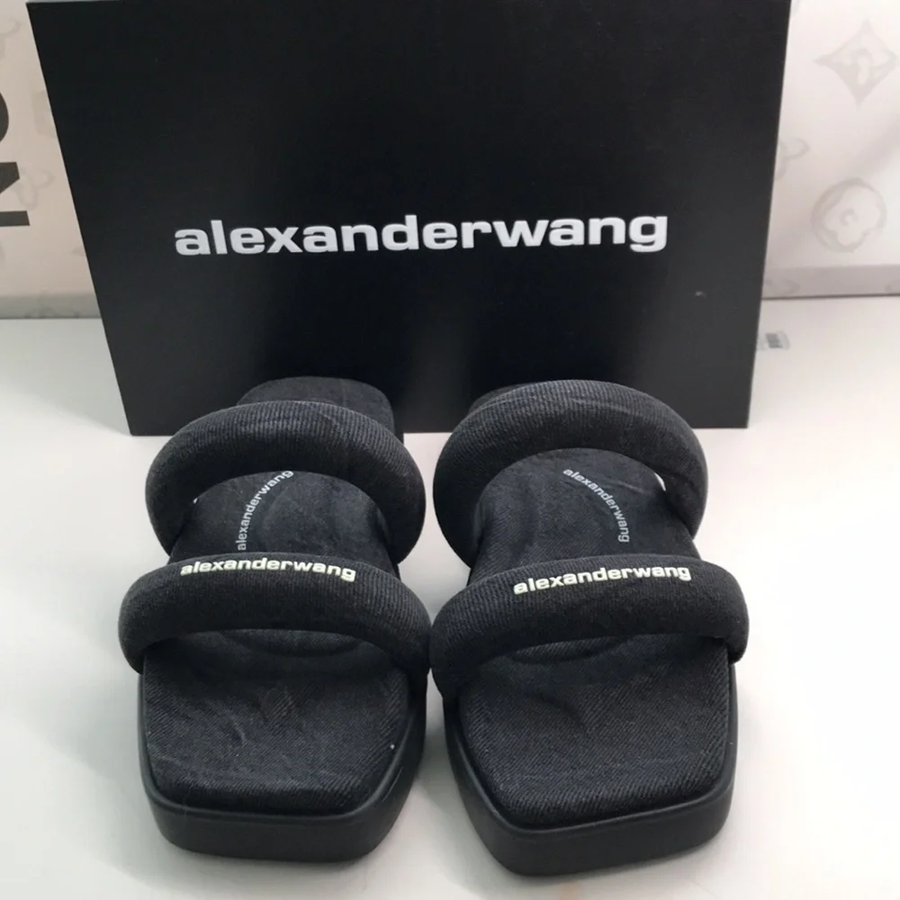 New Authentic Alexander Wang Women’s Jay Flatform Slides – Grey Denim